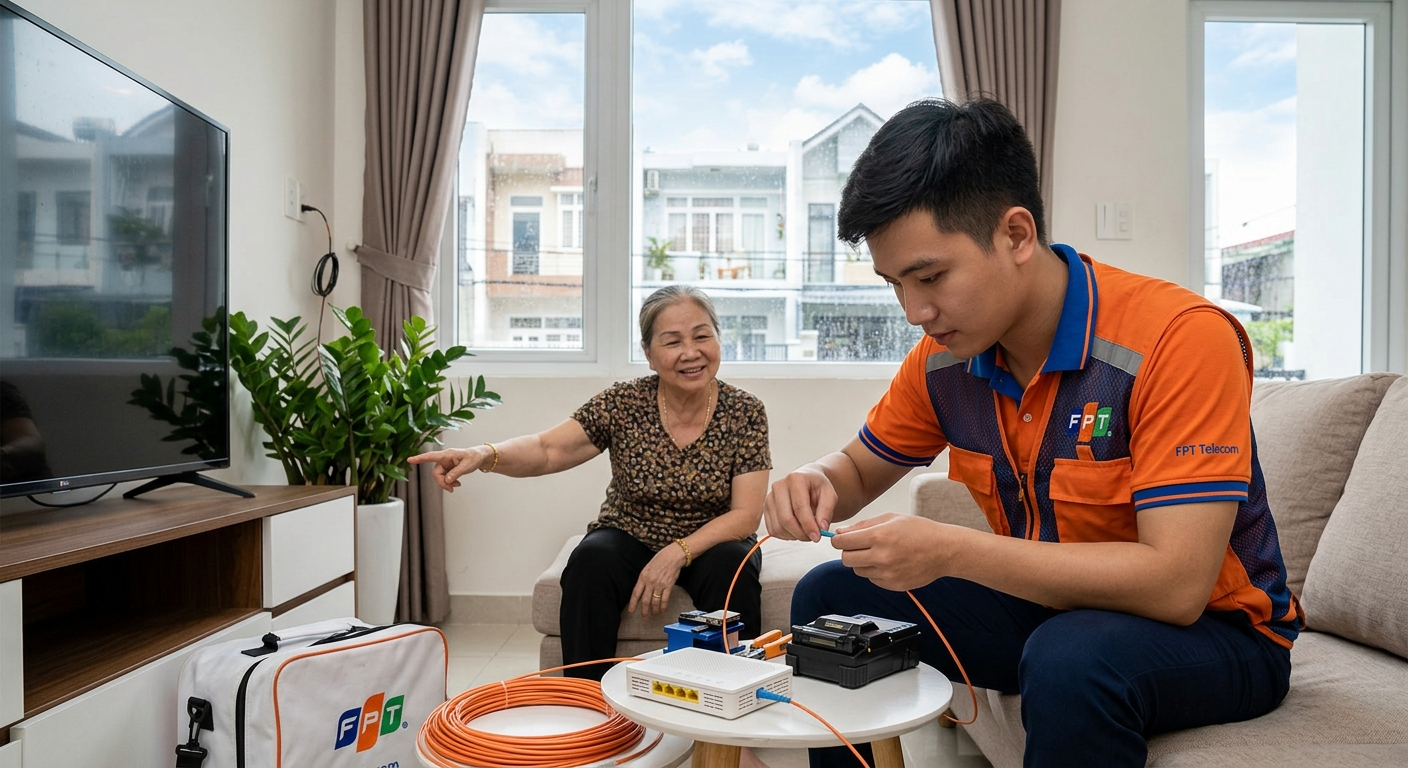 Ở Hồ Chí Minh Nên Lắp Mạng Nào? So Sánh FPT, Viettel & VNPT Để Chọn Đúng Ngay Lần Đầu 5 Kỹ Thuật Viên FPT Triển Khai Lắp Mạng Wifi Cho Khách Hàng Tại HCM